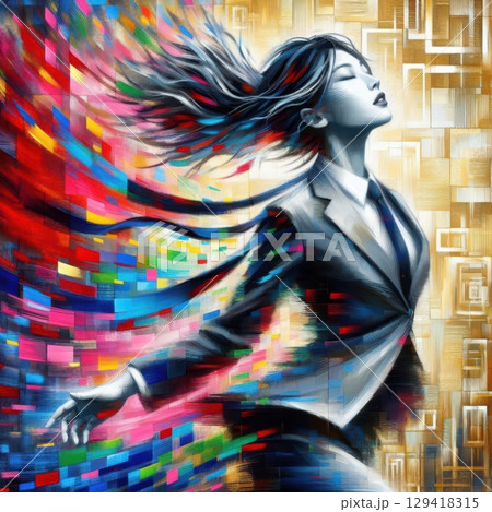 Dynamic Businesswoman in Suit with Abstract Color Explosion and Golden Circuit Background with Generative AI. 129418315