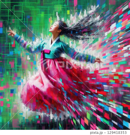 Joyful Woman in Vibrant Hanbok Jumping with Flowing Hair Against Abstract Color Explosion with Generative AI. 129418353