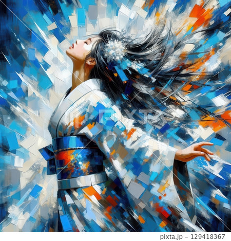 Abstract Portrait of a Woman in Traditional Kimono with Flowing Hair and Colorful Brushstrokes on Golden Background with Generative AI. 129418367