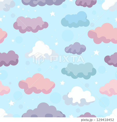 Seamless Pattern with Colorful Clouds, Stars, and Transparent Circles on Blue Sky Background 129418452