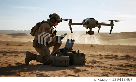 Military soldier controlling advanced drone flying over rugged desert mountain terrain under clear blue sky showing technology and security Military soldier controlling advanced drone flying over rugged desert mountain terrain under clear blue sky showing technology and security 129418467