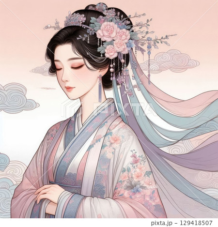 Elegant Traditional Chinese Woman in Delicate with Floral Hair Ornaments with Generative AI. 129418507