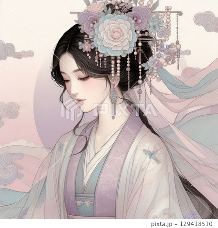 Elegant Traditional Chinese Woman in Delicate with Floral Hair Ornaments with Generative AI. Elegant Traditional Chinese Woman in Delicate with Floral Hair Ornaments with Generative AI. 129418510