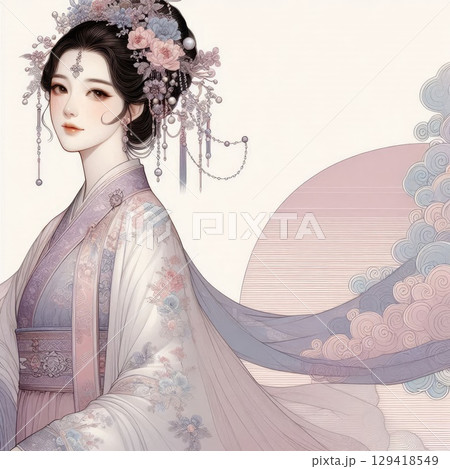 Elegant Traditional Chinese Woman in Delicate with Floral Hair Ornaments with Generative AI. 129418549