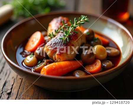Classic Coq Au Vin Braised Chicken in a Rich Red Wine Sauce 129418720