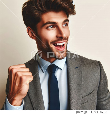 Confident Businessman Celebrating Success with a Winning Smile with Generative AI. 129418798