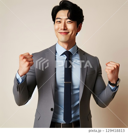 Confident Businessman Celebrating Success with a Winning Smile with Generative AI. 129418813