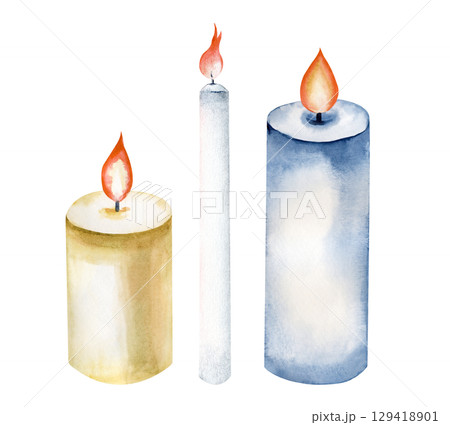 A set of different burning candles, hand-drawn. The watercolor illustration is isolated on a white background. Festive home decor. Clipart. A set of different burning candles, hand-drawn. The watercolor illustration is isolated on a white background. Festive home decor. Clipart. 129418901