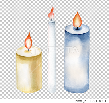 A set of different burning candles, hand-drawn. The watercolor illustration is isolated on a white background. Festive home decor. Clipart. A set of different burning candles, hand-drawn. The watercolor illustration is isolated on a white background. Festive home decor. Clipart. 129418901