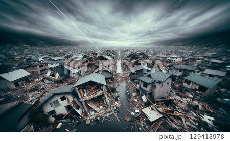 大規模地震で破壊された町並み。災害、震災 129418978