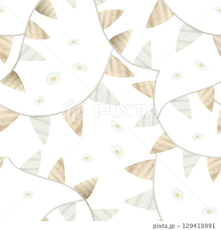 Beige flags garland with tiny white chamomile flowers watercolor seamless pattern. Simple retro repeat background in pastel colors and vintage style for kids birthday and children apparel Beige flags garland with tiny white chamomile flowers watercolor seamless pattern. Simple retro repeat background in pastel colors and vintage style for kids birthday and children apparel 129418991