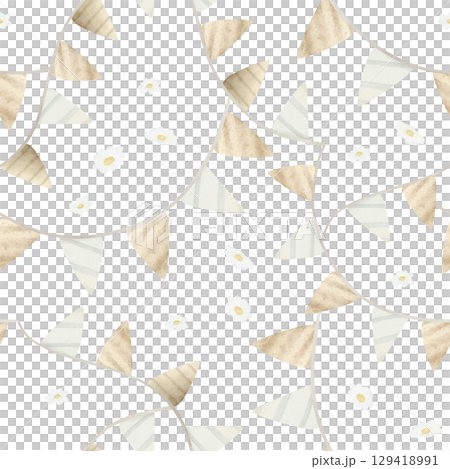 Beige flags garland with tiny white chamomile flowers watercolor seamless pattern. Simple retro repeat background in pastel colors and vintage style for kids birthday and children apparel Beige flags garland with tiny white chamomile flowers watercolor seamless pattern. Simple retro repeat background in pastel colors and vintage style for kids birthday and children apparel 129418991