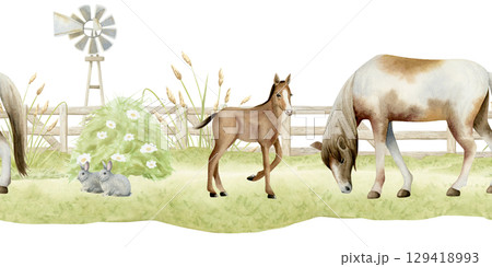 Farm horse with colt grazing on green field near wooden fence landscape seamless border isolated on white. Horizontal countryside pasture scene with rabbits, windmills and animals for ranch designs 129418993