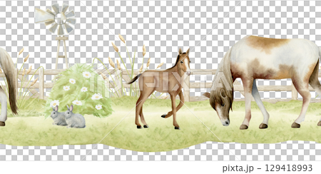 Farm horse with colt grazing on green field near wooden fence landscape seamless border isolated on white. Horizontal countryside pasture scene with rabbits, windmills and animals for ranch designs 129418993
