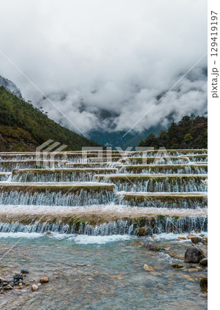 Terraced Waterfalls of Blue Moon Valley, Jade Dragon Snow Mountain, Lijiang Terraced Waterfalls of Blue Moon Valley, Jade Dragon Snow Mountain, Lijiang 129419197