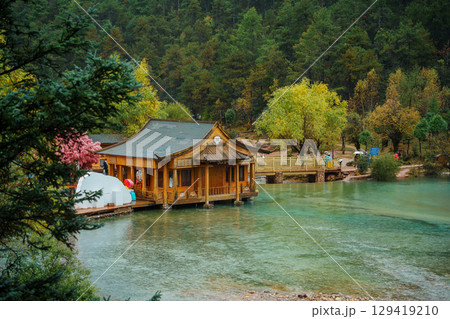 Lakeside Pavilion and Blossoming Trees, Blue Moon Valley, Lijiang 129419210