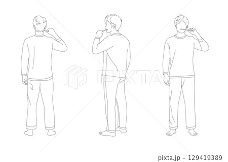 パジャマ姿で歯を磨く男性の前後横からの全身線がイラスト 129419389