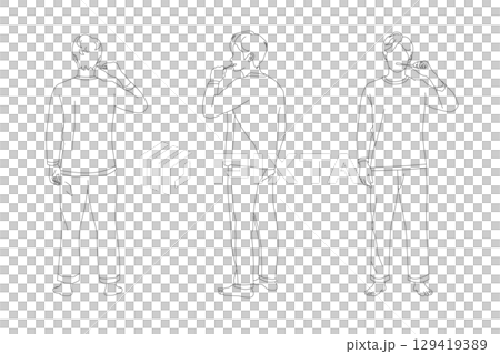 パジャマ姿で歯を磨く男性の前後横からの全身線がイラスト 129419389