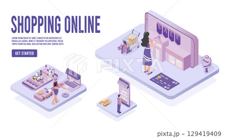 Shopping online concept for website, mobile application, web banner, info graphics or discount coupons 129419409