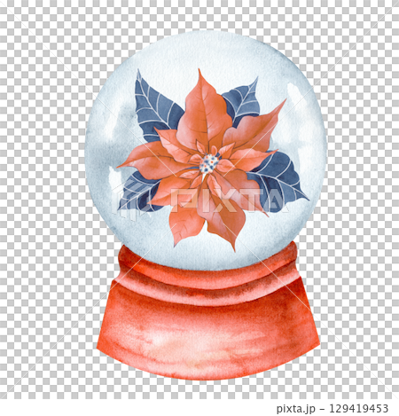 Christmas snow globe with poinsettia. Watercolor illustration of winter holidays on a white isolated background. For the design of postcards, invitations, banners, wallpapers. Christmas snow globe with poinsettia. Watercolor illustration of winter holidays on a white isolated background. For the design of postcards, invitations, banners, wallpapers. 129419453
