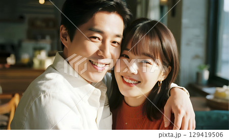 Romantic and intimate moment of a couple sharing a secret conversation in a warmly lit cozy space filled with colorful art and soft ambient light 129419506