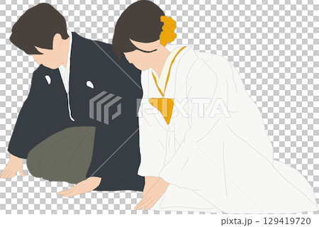 A newlywed couple sitting and bowing in white wedding kimono and crested hakama 129419720