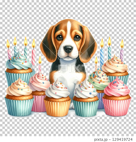 帶蠟燭的紙杯蛋糕和小獵犬小狗 1 / 傳單和海報材料 129419724