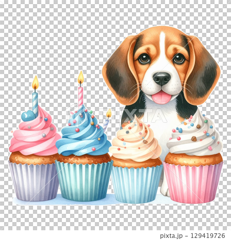 Cupcake with candle and beagle puppy 3 / Material for flyers and posters 129419726