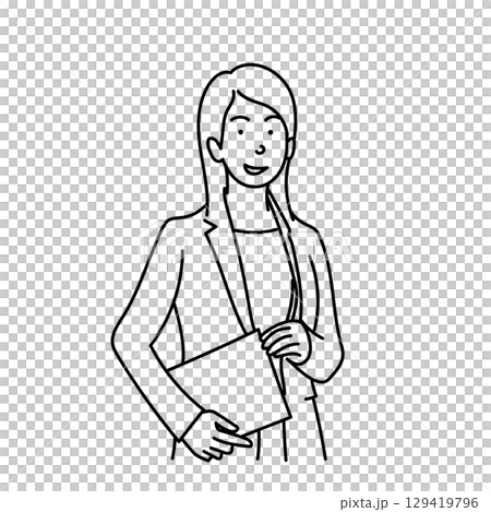 Stock Illustration: Vector line drawing of a smiling female business person holding documents 129419796