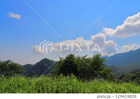 草原　樹木　青空　雲　山地 129419826