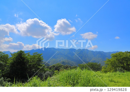 草原　樹木　青空　雲　山地 129419828