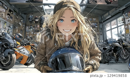 新しいヘルメットを手に取って笑顔になる女性ライダー 129419858