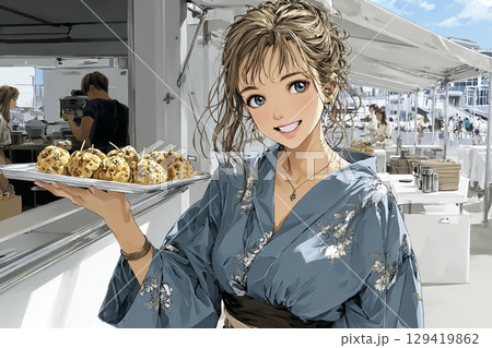 屋台のたこ焼きを手にする浴衣の女性 129419862