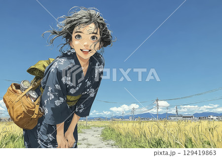 昼間の畑道を歩く浴衣姿の女性（自然風景） 129419863