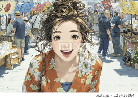 美優シリーズ：夏祭りを楽しむ浴衣を着た女性のイラスト素材 129419864