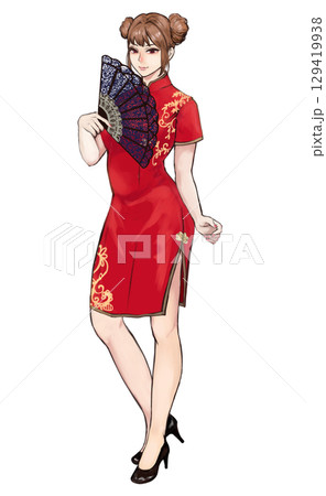 赤いチャイナドレスの女性 129419938