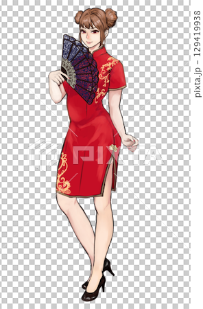 赤いチャイナドレスの女性 129419938