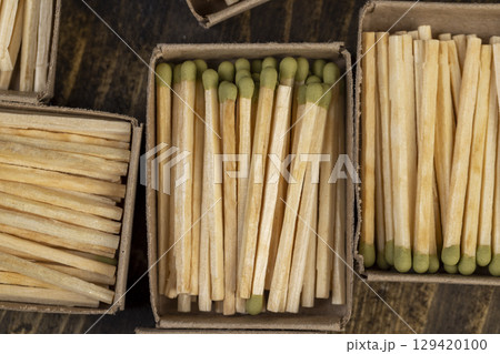 matches in matchbox, the green head of a wooden match laid out in cardboard boxes 129420100