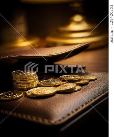Bitcoin coins spilling from a leather wallet, a financial wealth image. 129420253