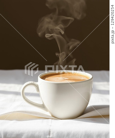 A close-up shot of a white mug filled with coffee, with steam rising upwards on a white cloth 129420254