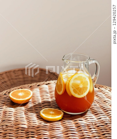 Refreshing summer drink with sliced lemons and oranges in a glass pitcher on a rattan table 129420257
