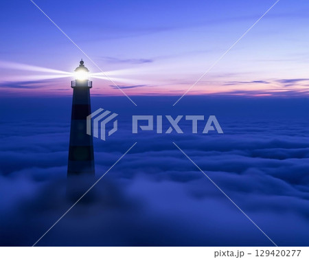 Beacon of Hope Amidst Ethereal, Misty Shores 129420277