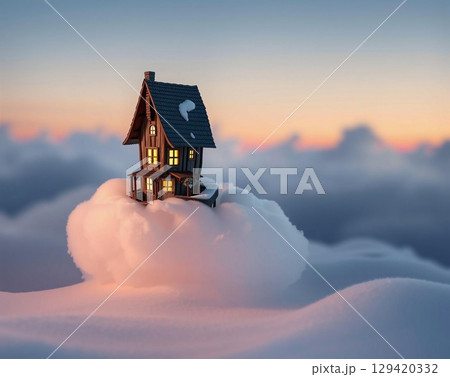 A Whimsical Cottage Floating Amongst Dreamy Clouds 129420332