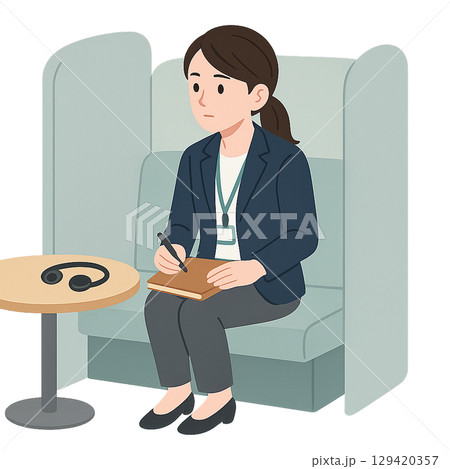 社内の相談ブースで真剣に話を聞いている女性社員 129420357