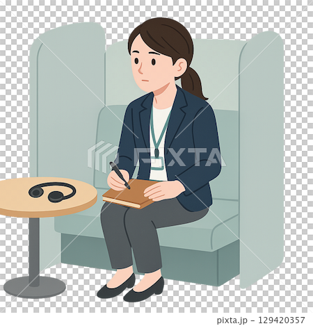 社内の相談ブースで真剣に話を聞いている女性社員 129420357