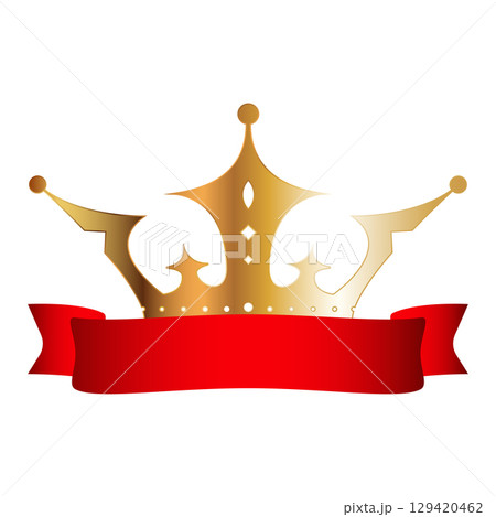 Beautiful golden crown with red fluttering ribbon, royal symbol 129420462