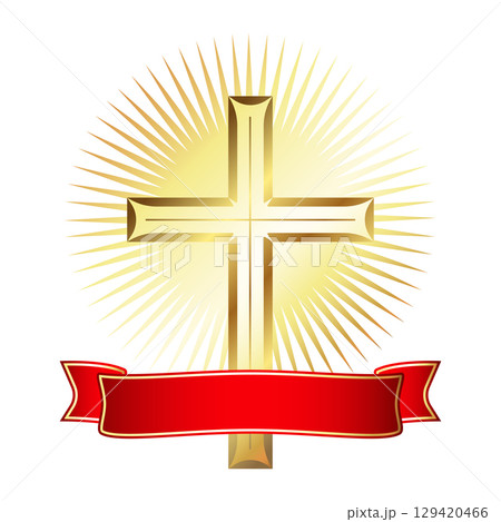 Golden Christian cross with rays of radiance and red ribbon 129420466