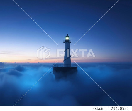 Majestic Lighthouse Amidst Ethereal, Dreamlike Misty Ocean Majestic Lighthouse Amidst Ethereal, Dreamlike Misty Ocean 129420530