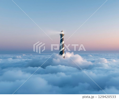 Majestic Lighthouse Rising Through Ethereal Cloudscape Panorama 129420533