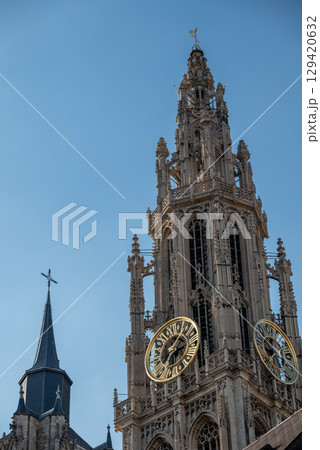 Belfry of Cathedral of Our Lady Roman Catholic church in Antwerp, Belgium, largest Gothic church in Belgium 129420632